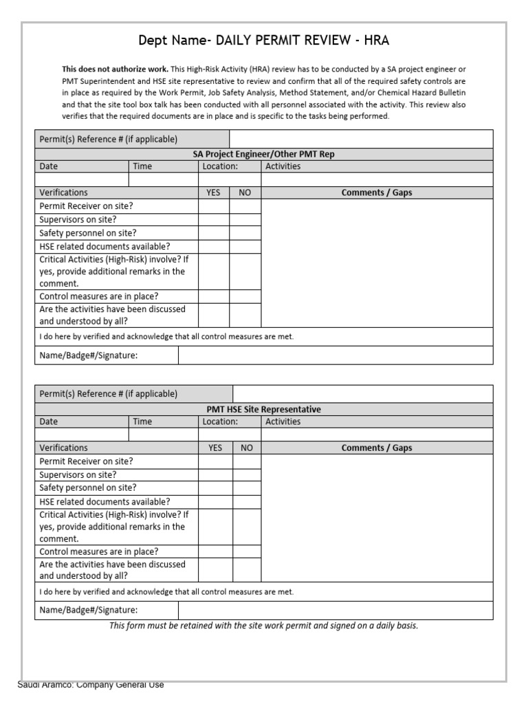 Daily High-Risk Activity Review Form | PDF