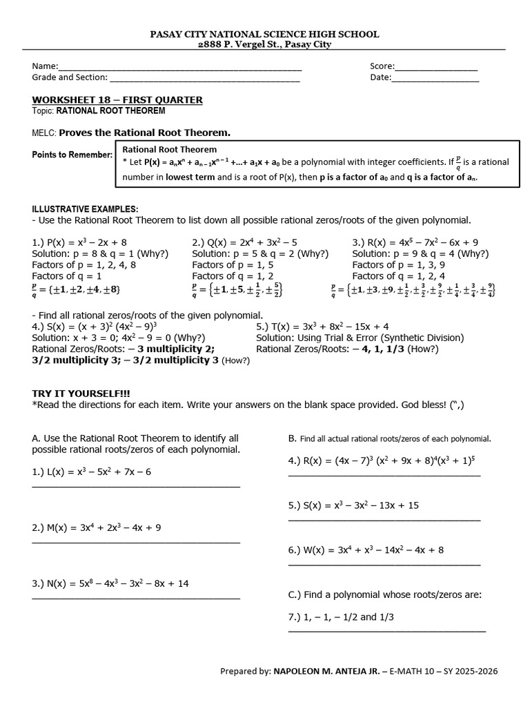 WS-18 (Rational Root Theorem-1Qtr) | PDF | Factorization | Zero Of A ...