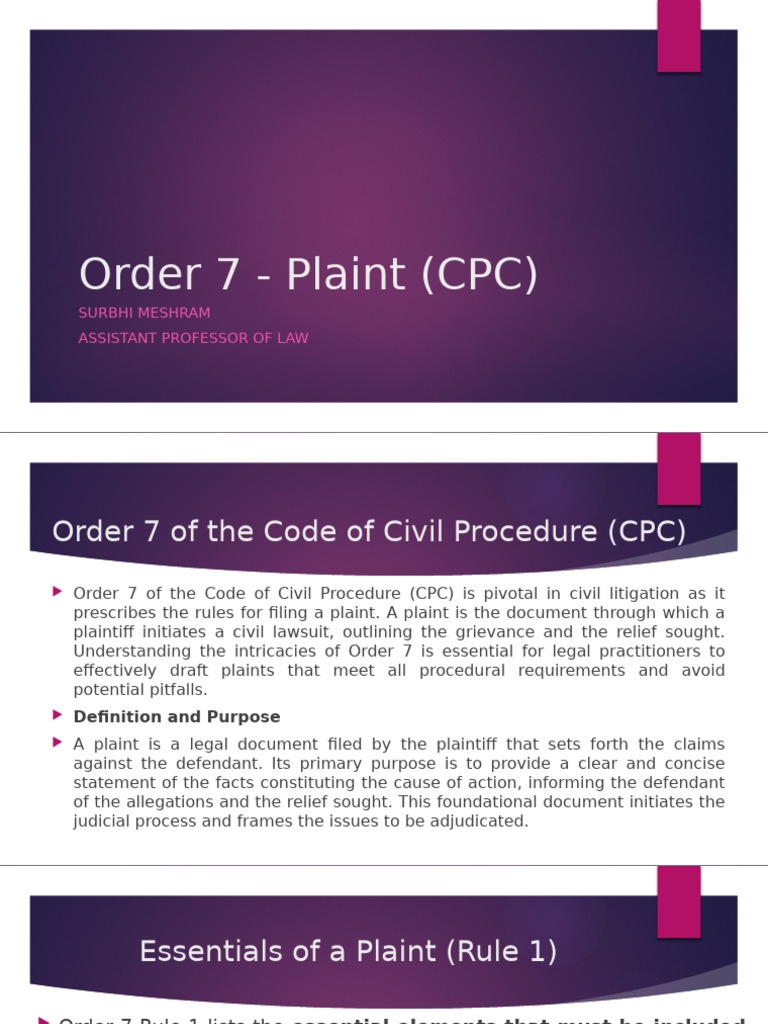Understanding Order 7 CPC: Filing a Plaint | PDF | Lawsuit | Cause Of ...