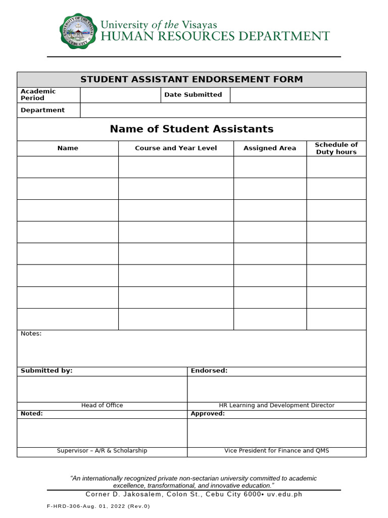 Student Assistant Endorsement Form | PDF