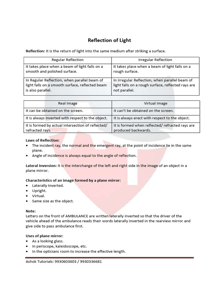 Class 9 Reflection of Light Notes PDF | PDF | Mirror | Reflection (Physics)
