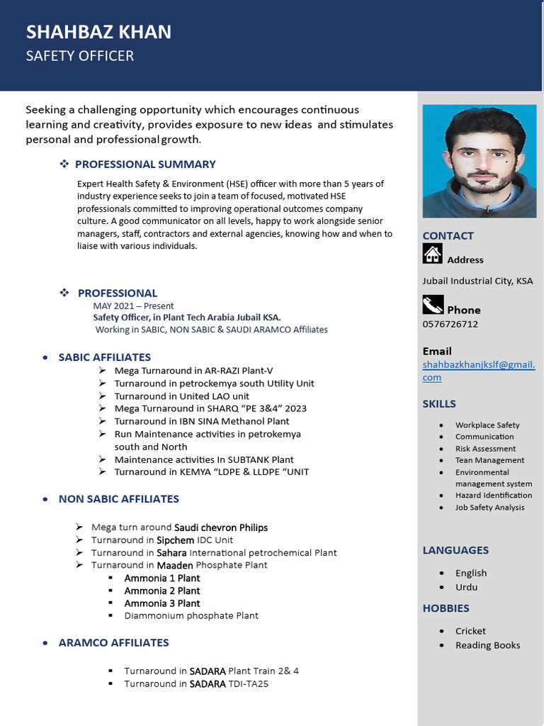 Shahbaz Khan Word CV 5 - Safety Officer | PDF | Occupational Safety And ...
