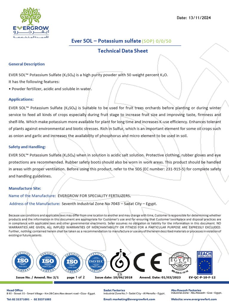 Ever SOL Potassium Sulfate Data Sheet | PDF | Chromium | Potassium