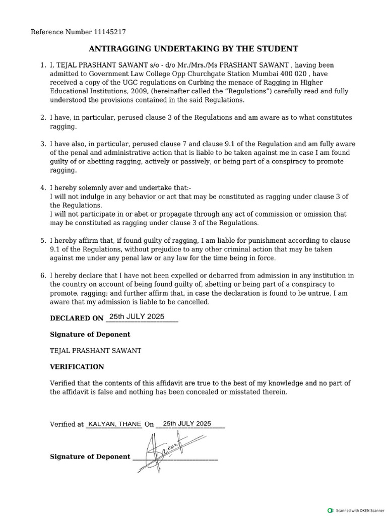 Anti Ragging Form Candidate | PDF