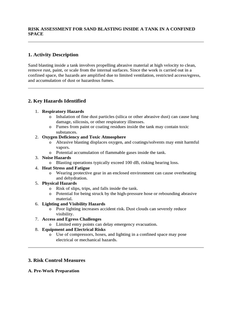 Sandblasting Risk Assessment in Tanks | PDF | Breathing | Occupational ...