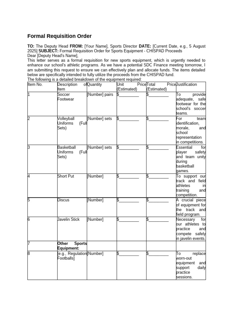 Sports Equipment Requisition Order | PDF | Sports