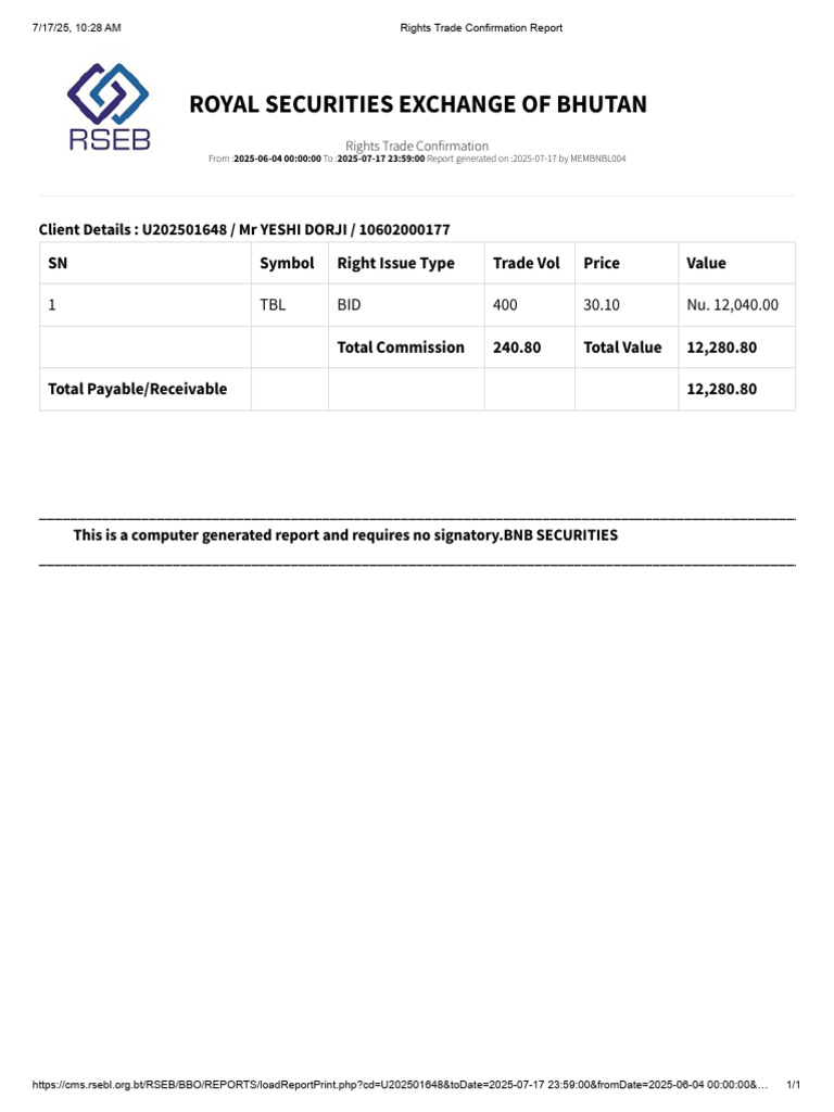 Rights Trade Confirmation Report | PDF
