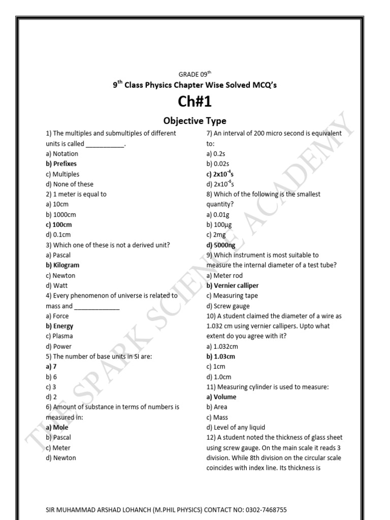 9th Physics CH Wise Mcqs Spark Academy | PDF | Force | Torque