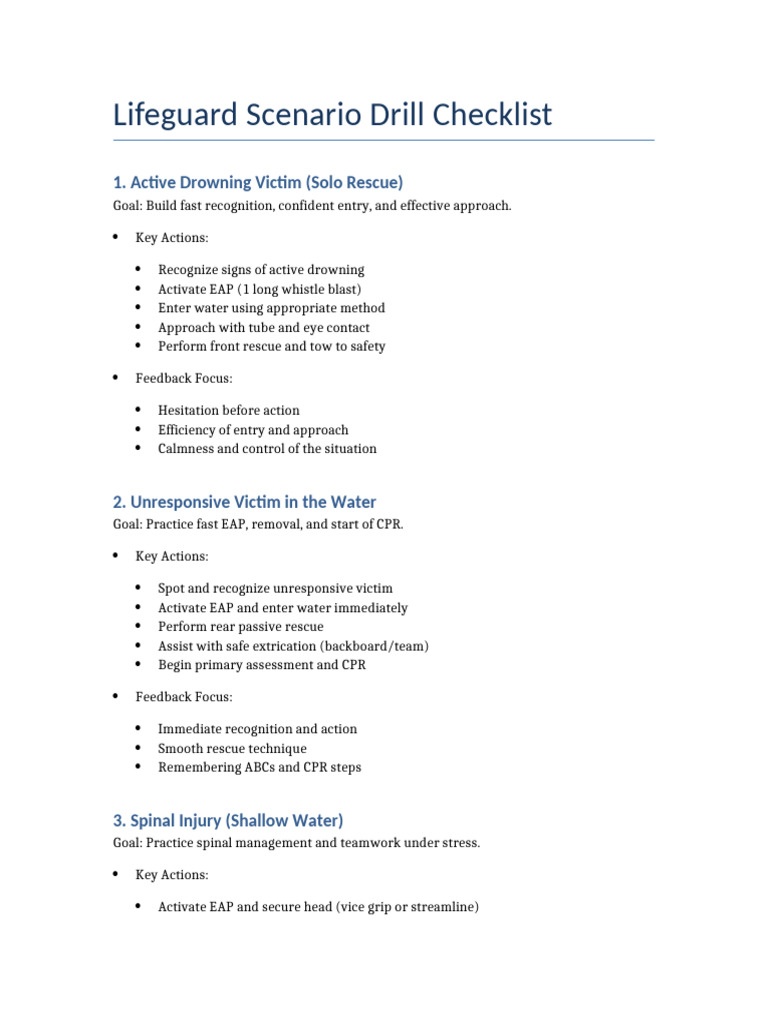 Lifeguard Drill Checklist: Key Scenarios | PDF