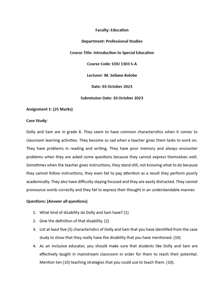 Special Education Case Study Analysis | PDF
