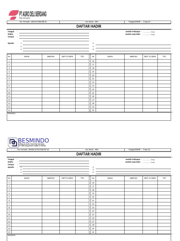 Daftar Hadir Rapat HSE Pulp & Paper | PDF