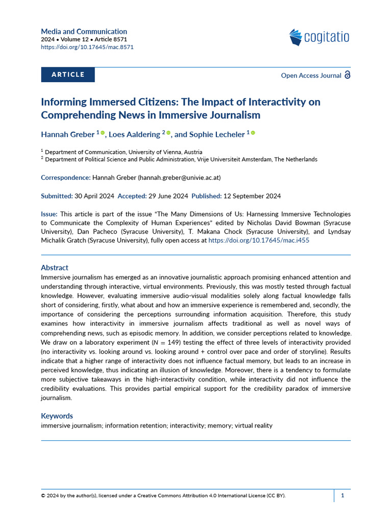 Interactivity's Role in Immersive Journalism | PDF | Memory | Recall ...