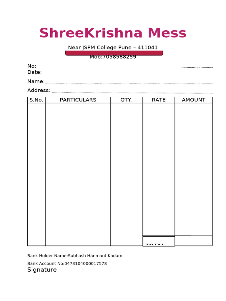 ShreeKrishna Mess Invoice Template | PDF