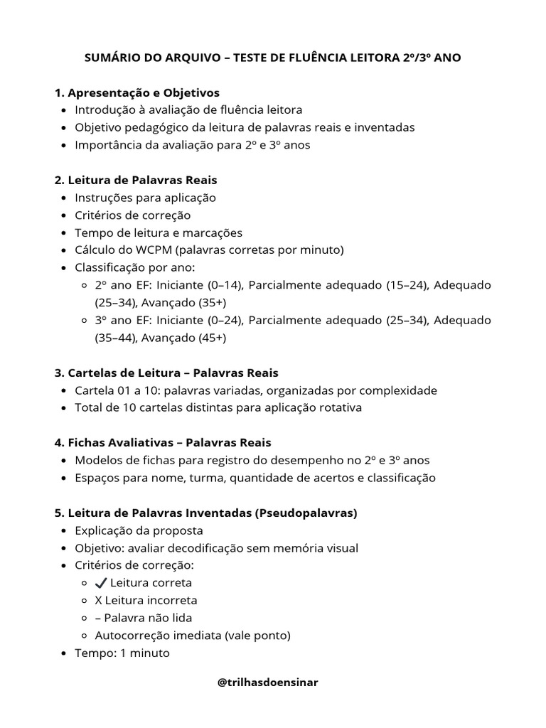 Avaliação de Fluência Leitora 2º/3º Ano | PDF | Alfabetização | Fluência