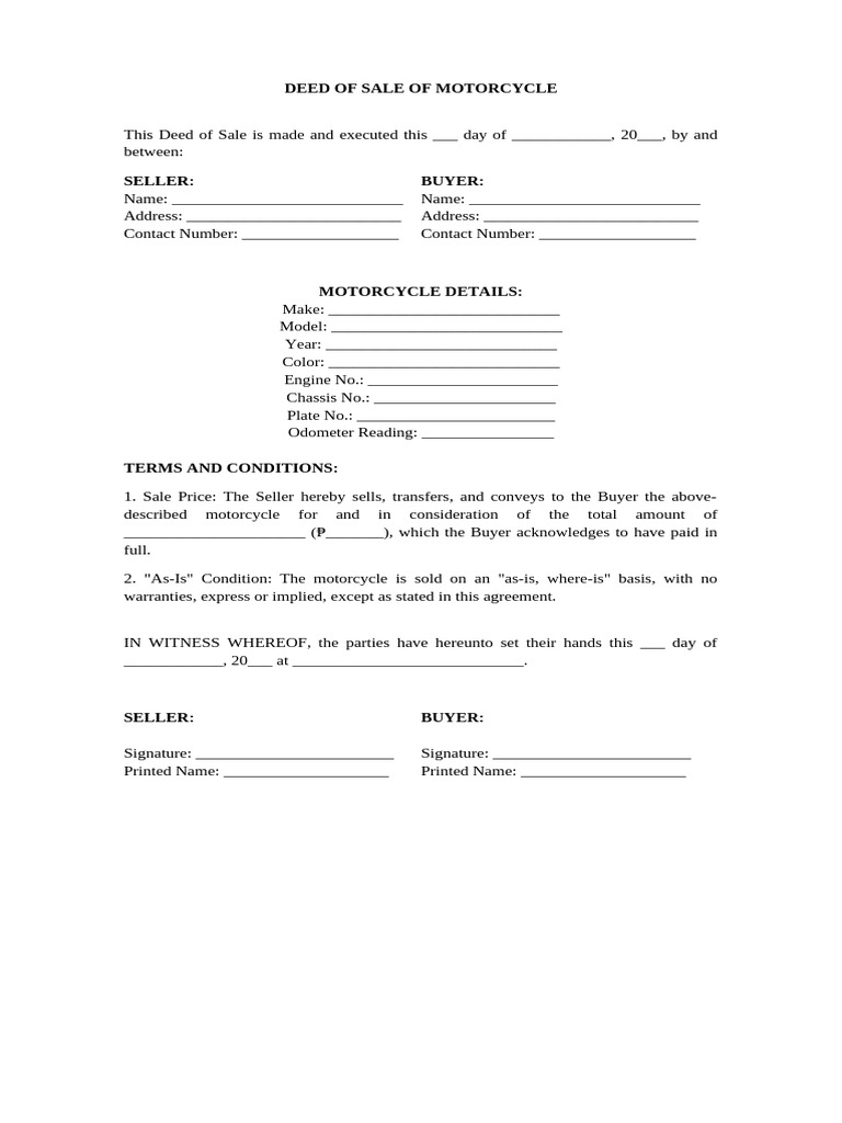 Motorcycle Deed of Sale Template | PDF