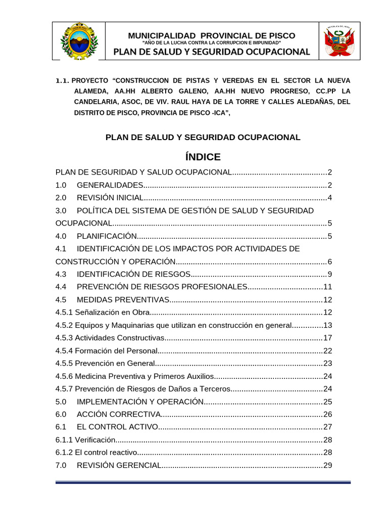 Plan de Salud y Seguridad Ocupacional Pisco | PDF | Seguridad y salud ...