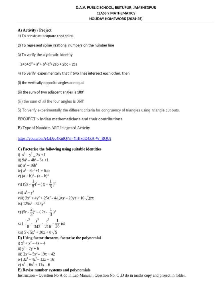 Class 9 Math Holiday Homework 2024-25 | PDF