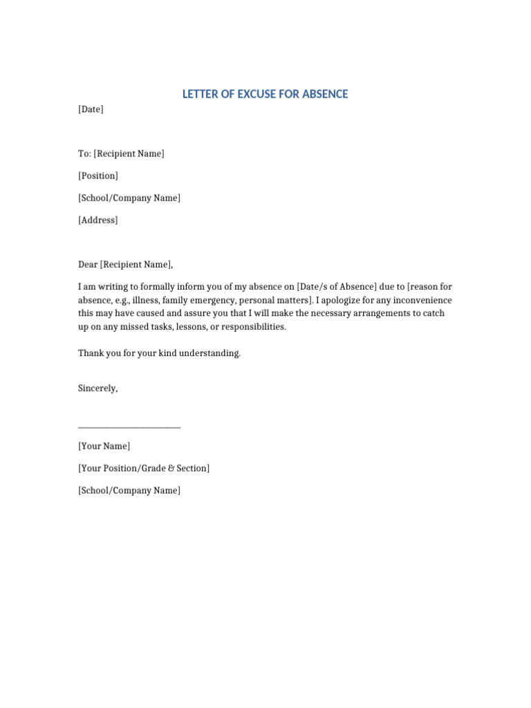 Sample Excuse Letter for Absence | PDF