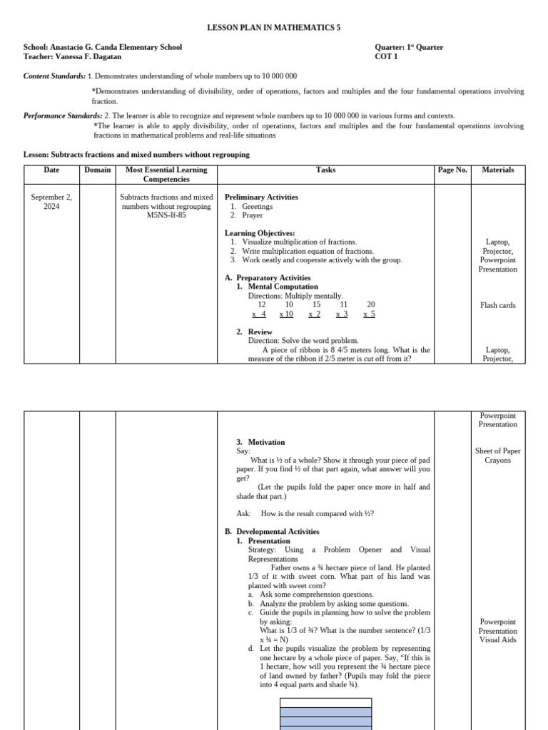 Mathematics 5 Lesson Plan: Fractions | PDF | Multiplication | Learning