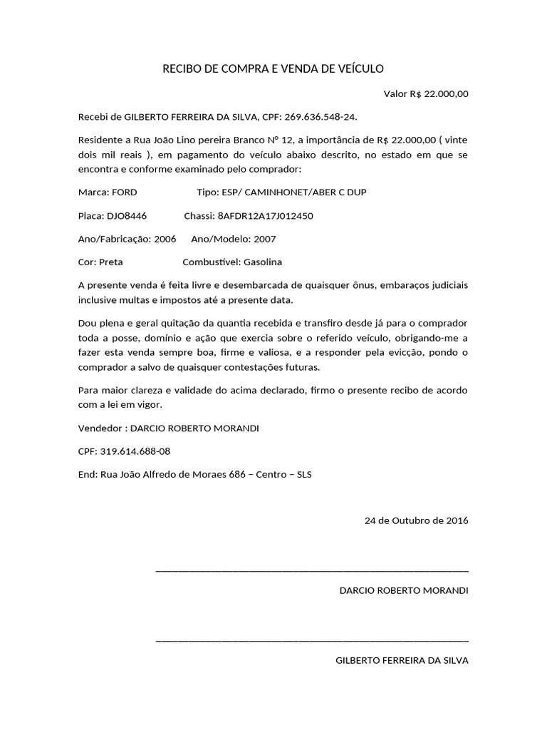 Recibo de Compra e Venda de Veículo | PDF