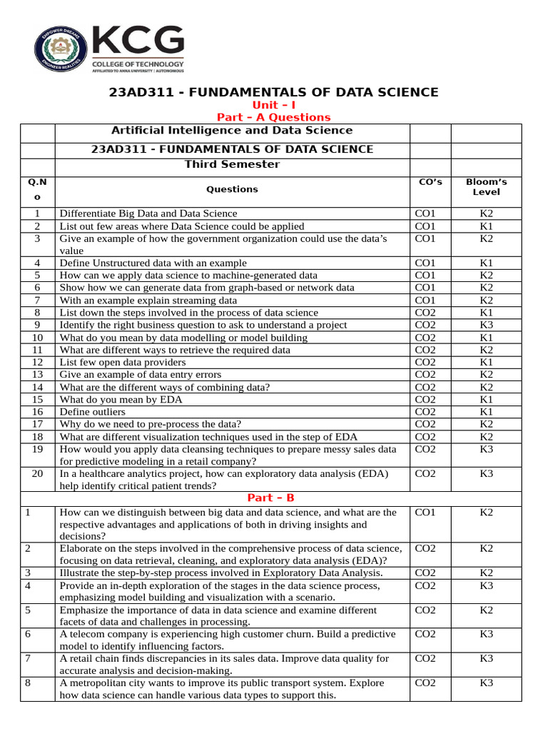 23AD311 - FDS - Question Bank - New | PDF | Data Analysis | Data
