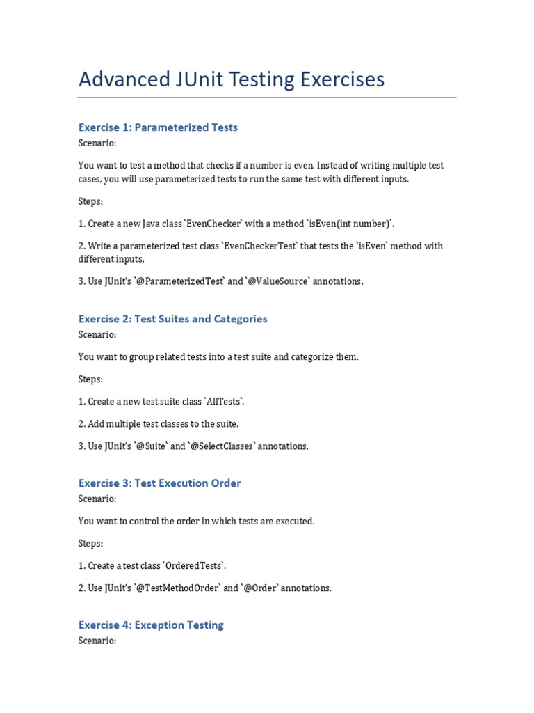 Advanced JUnit Testing Exercises Guide | PDF