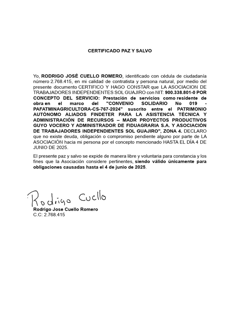 Certificado Paz y Salvo Asociación Sol Guajiro | PDF