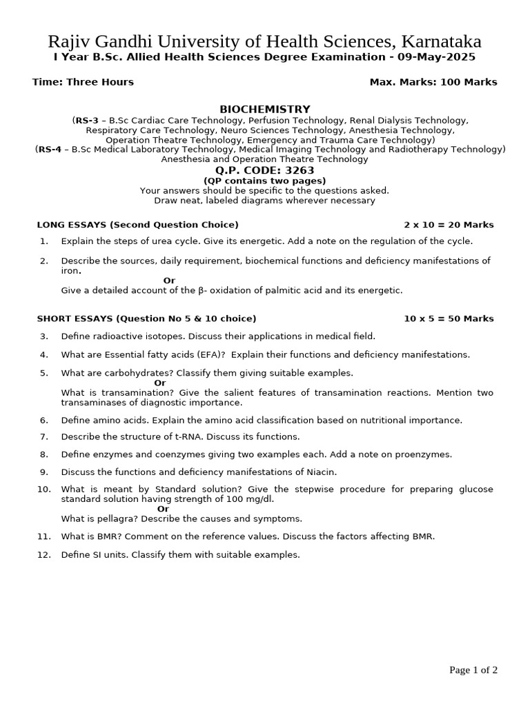 Biochemistry Exam Paper - RGHS 2025 | PDF | Biochemistry | Chemistry