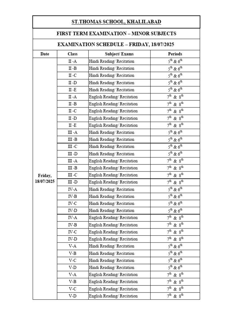 Minor Exam Schedule 18-07-2025 | PDF