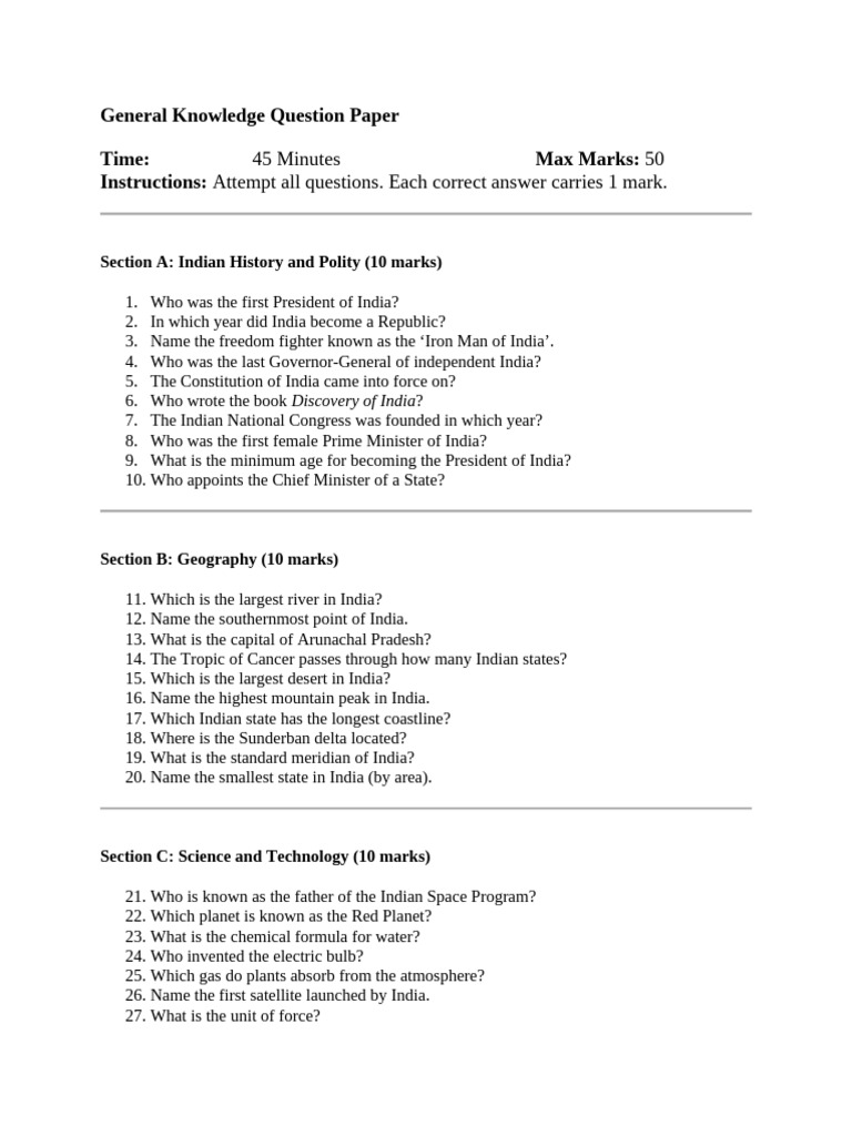 General Knowledge Quiz Paper on India | PDF | Tropics | Tropical Cyclones