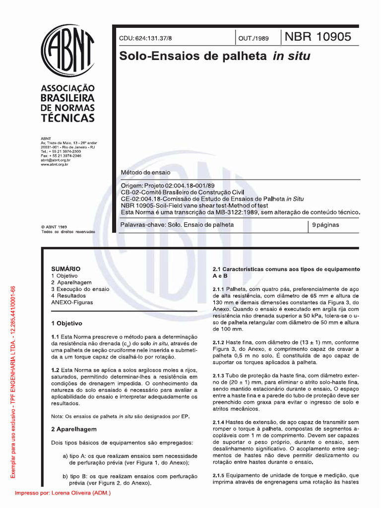 ABNT NBR 10905 - Solo - Ensaios de Palheta in Situ - Método de Ensaio | PDF