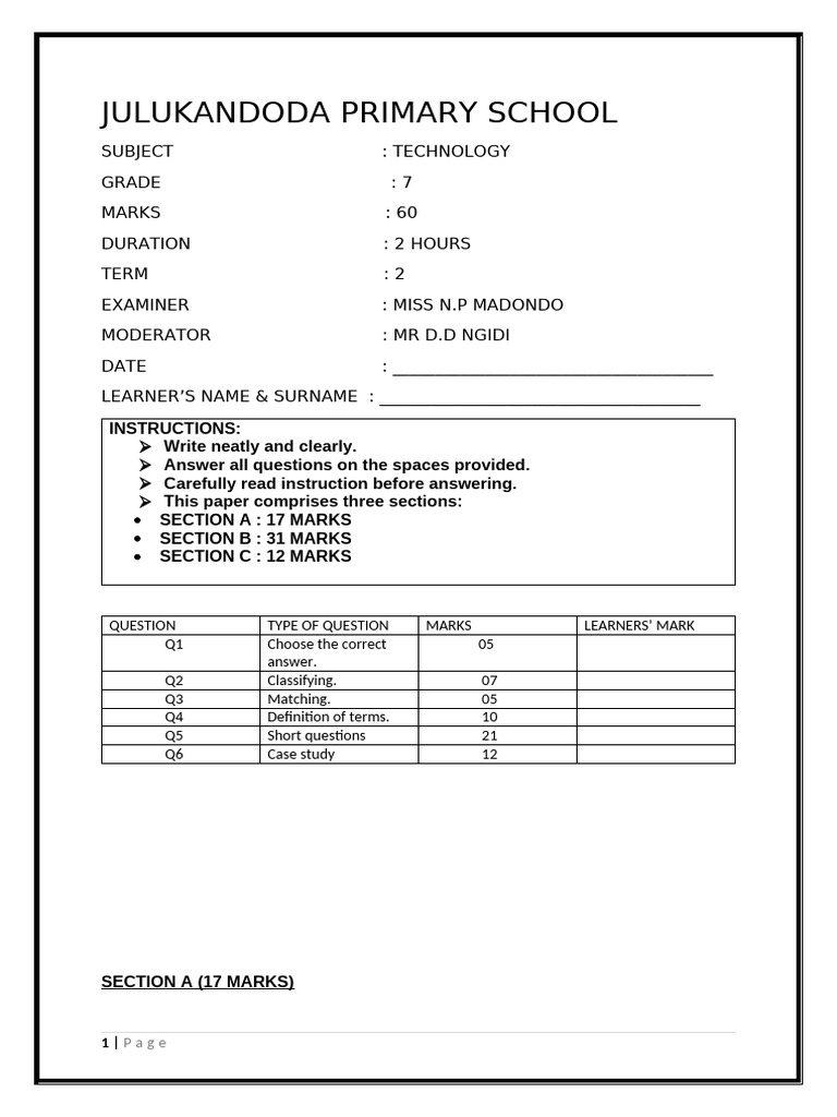 Grade 7 Technology Exam Paper | PDF | Lever