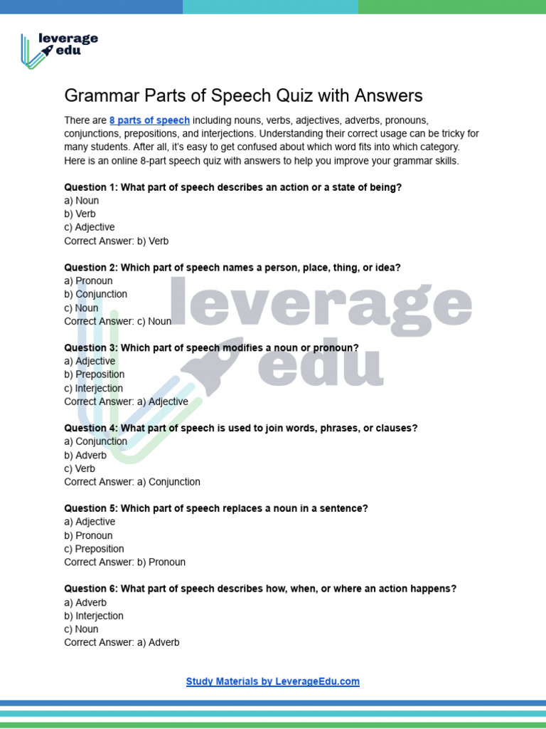 Parts of Speech Quiz with Answers | PDF | Part Of Speech | Adverb