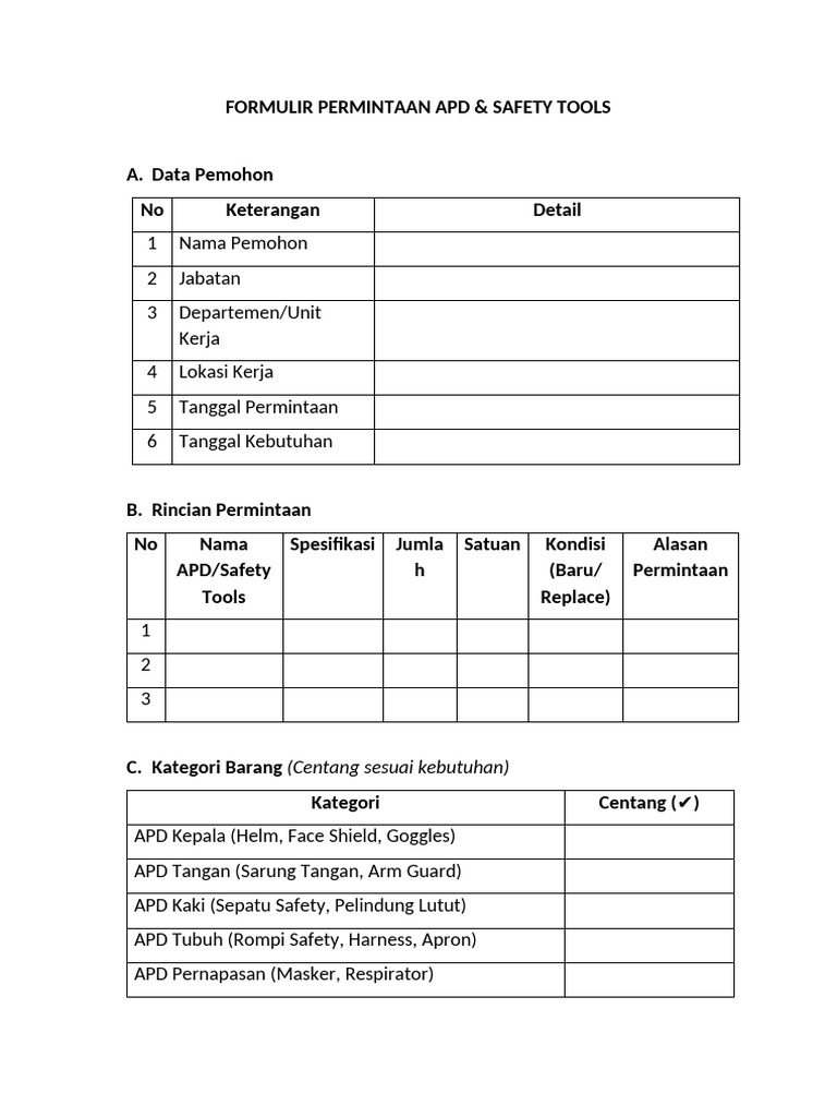 Formulir Permintaan APD dan Alat Safety | PDF