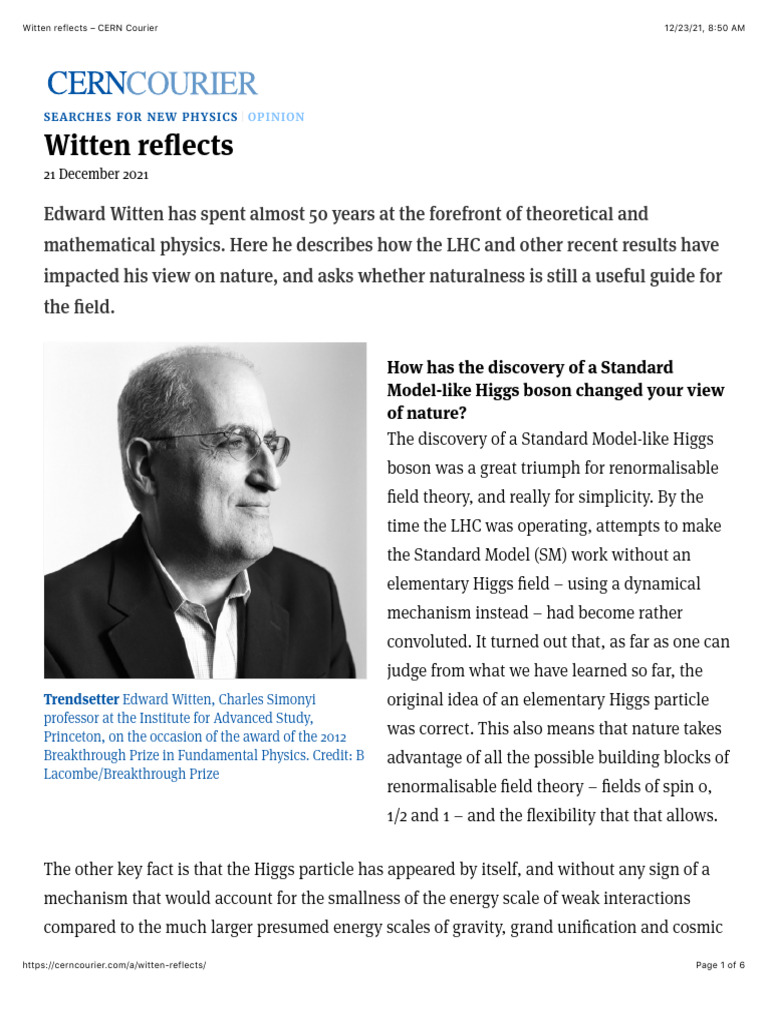 Witten Discusses Higgs and Naturalness | PDF | Higgs Boson | String Theory