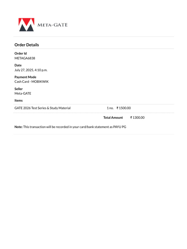Meta-GATE Receipt - Order #METAGA6838 | PDF