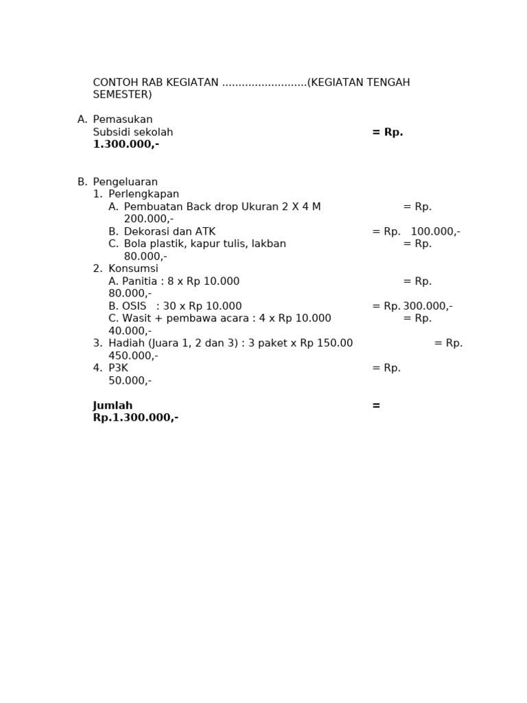 Contoh RAB Kegiatan Tengah Semester | PDF