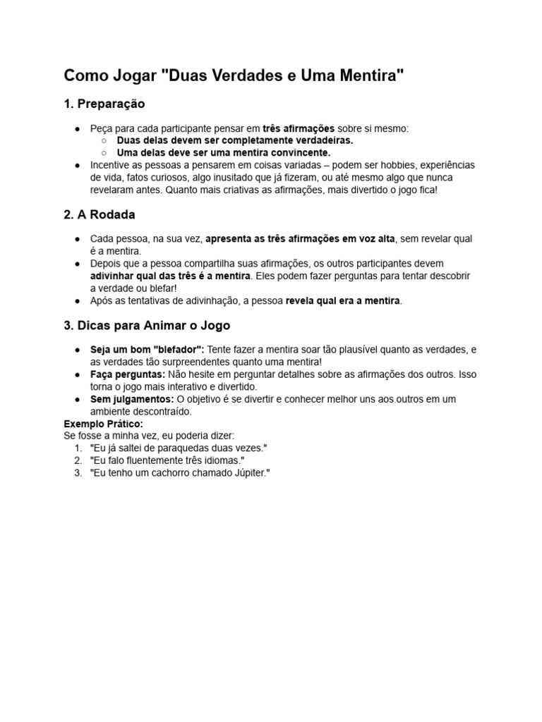 Como Jogar Duas Verdades e Uma Mentira | PDF