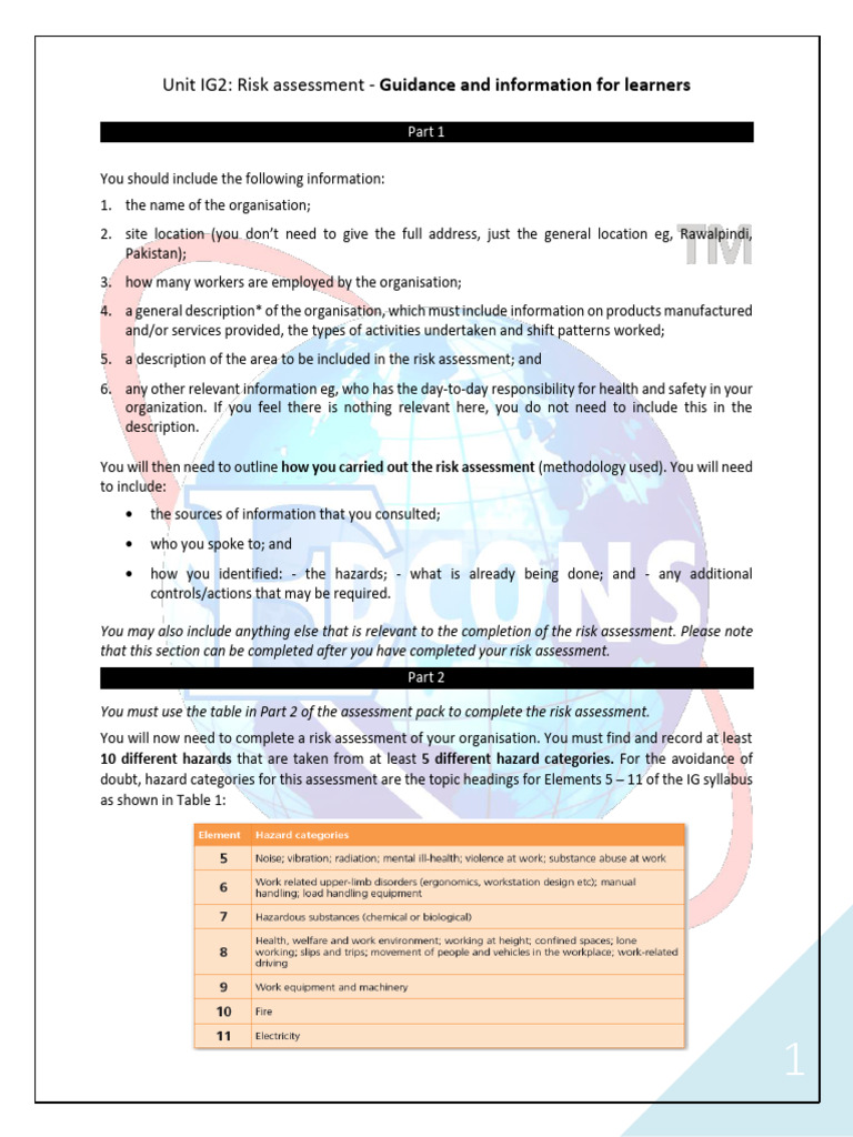 IG2 Risk Assessment Guidance for Learners | PDF | Occupational Safety ...