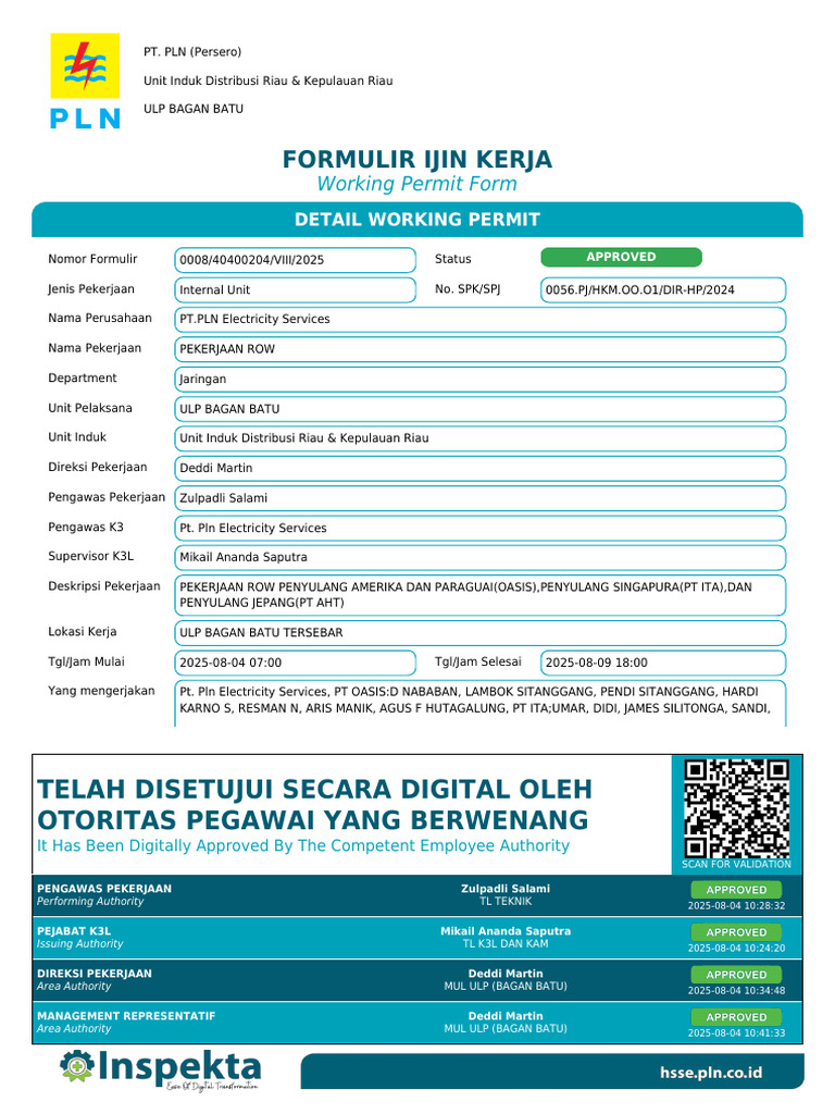 Formulir Ijin Kerja PLN Bagan Batu | PDF