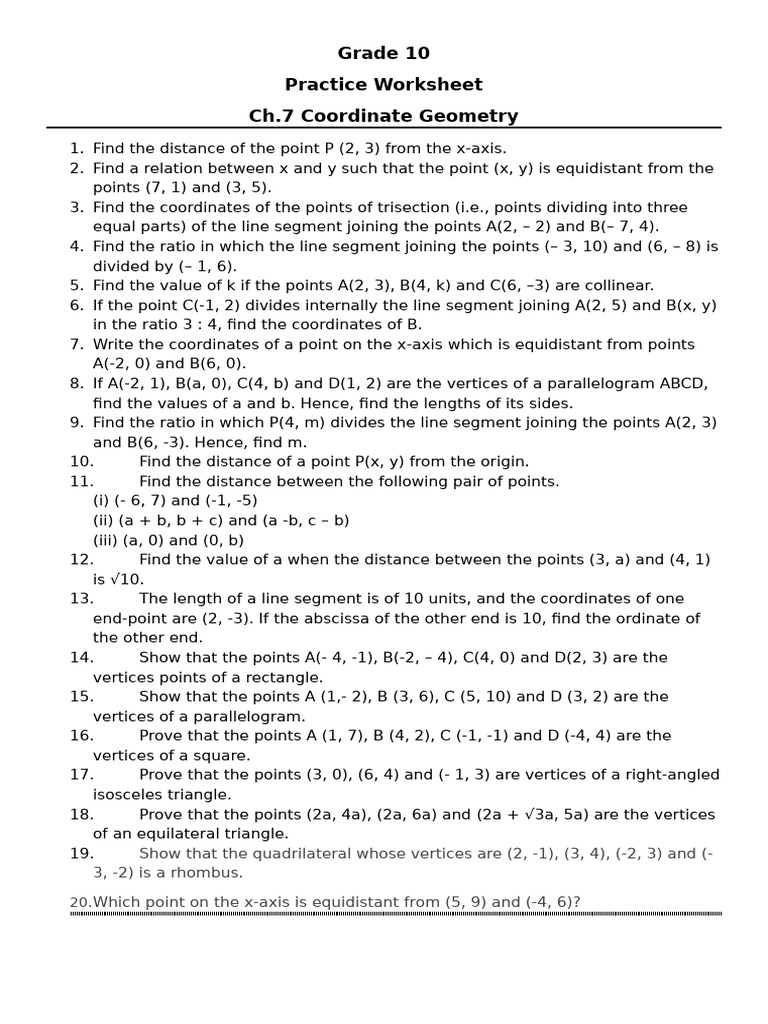 Grade 10 Coordinate Geometry Worksheet | PDF