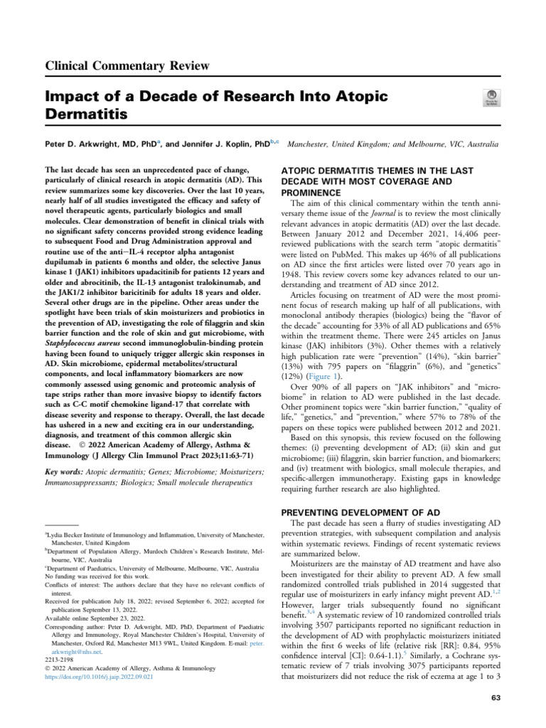 Advances in Atopic Dermatitis Research | PDF | Dermatitis | Medical ...