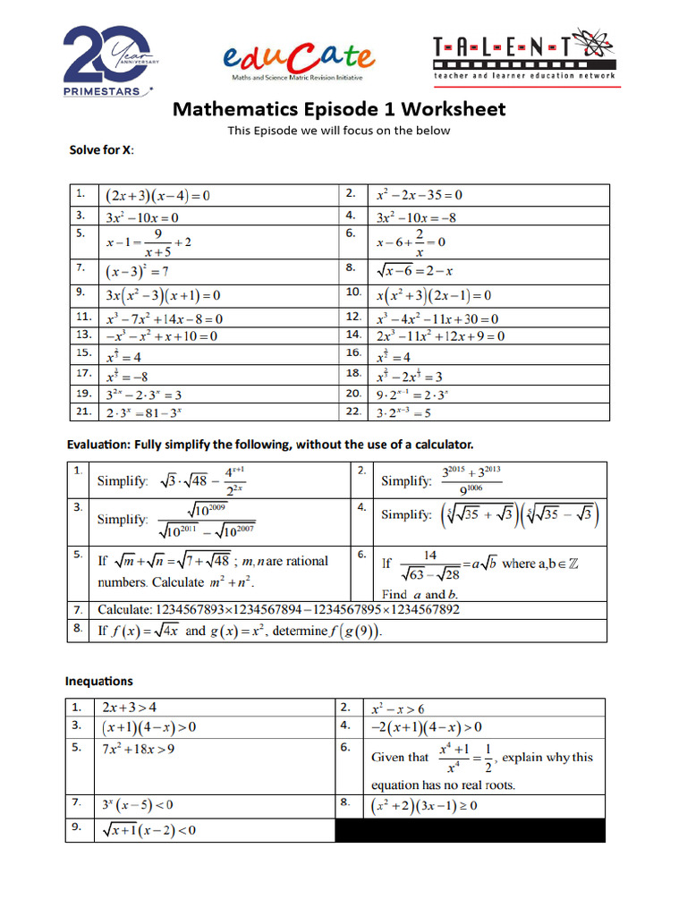 2025 Mathematics Episode 1 Worksheet - 250809 - 123328 | PDF