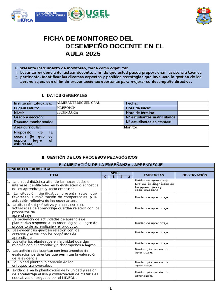 Ficha de Monitoreo Docente 2025 | PDF | Aprendizaje | Evaluación