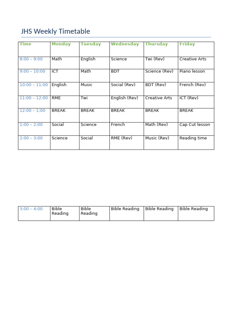JHS Weekly Timetable 2025 | PDF