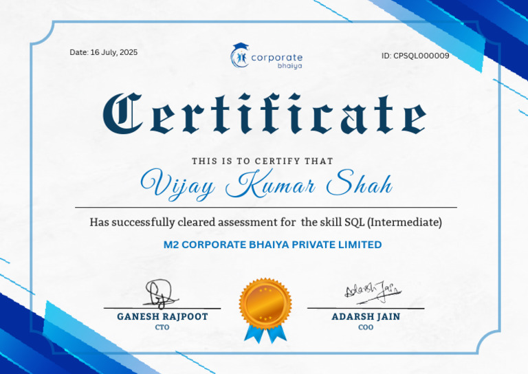 SQL Intermediate Certification - Ganesh Rajpoot | PDF