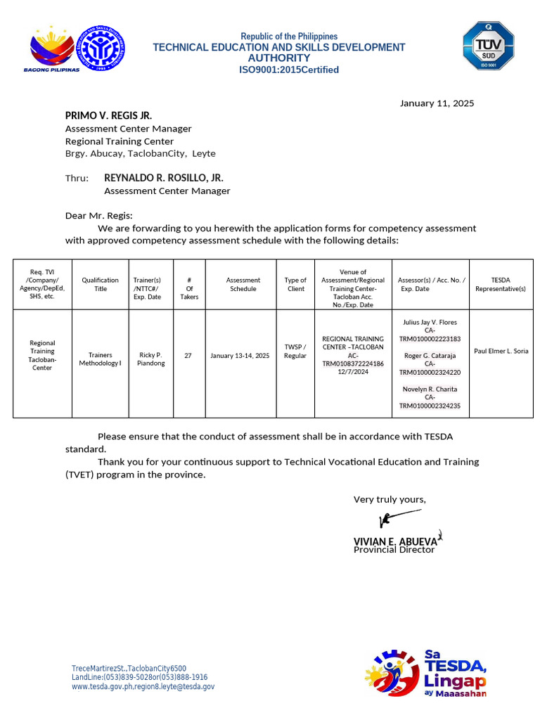 TESDA Assessment Schedule for Trainers | PDF | Vocational Education ...