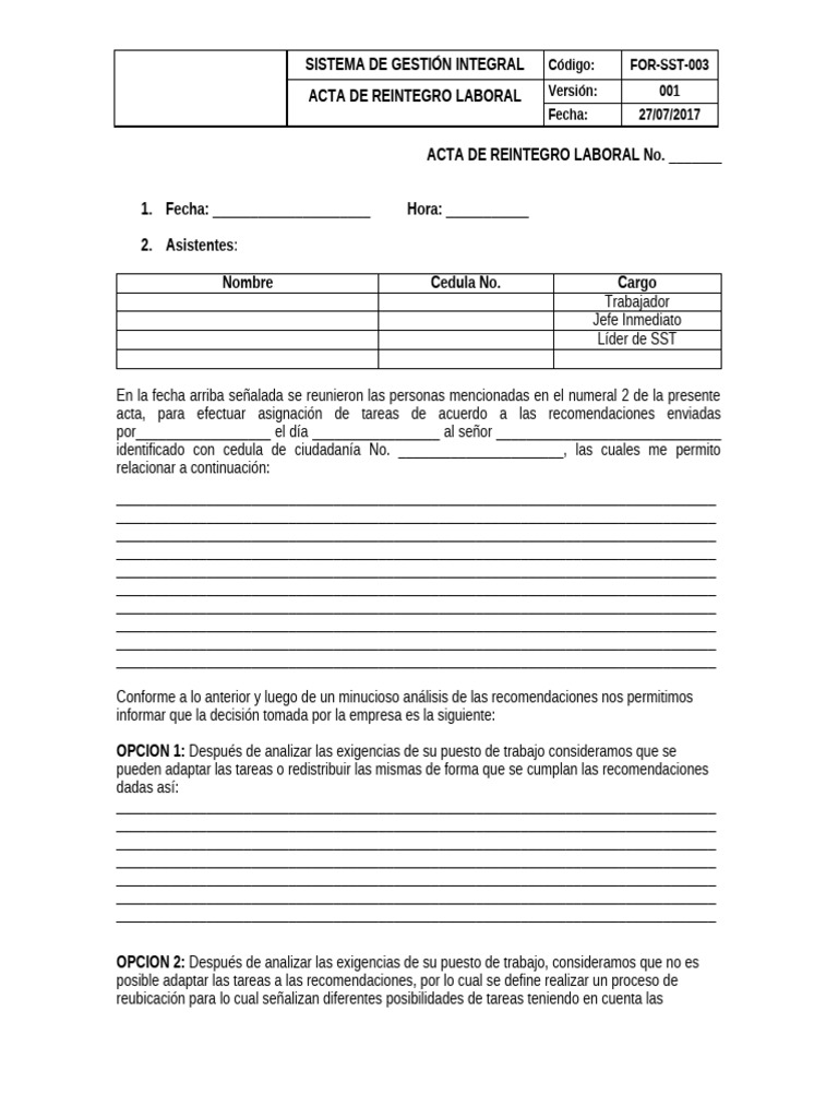 For-Sst-003 - Acta de Reintegro Laboral | PDF