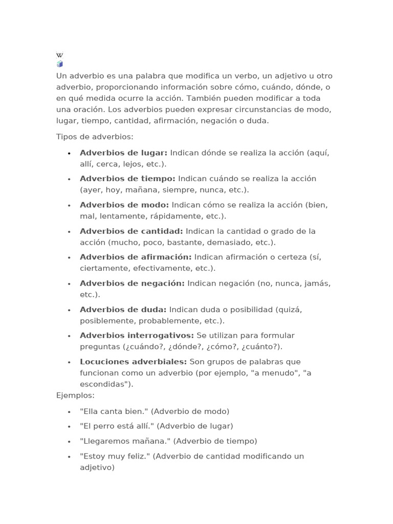 Tipos y ejemplos de adverbios | PDF