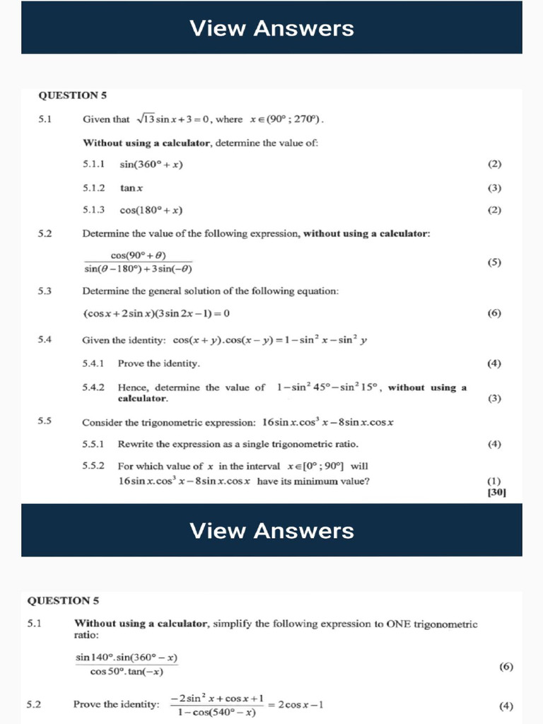 Trigonometry Practice Questions and Answers | PDF | Trigonometry ...